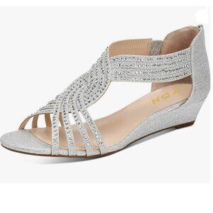 YDN Silver Wedge Glitter Open Toe Rhinestones Cross Over Straps Zippper Sandals
